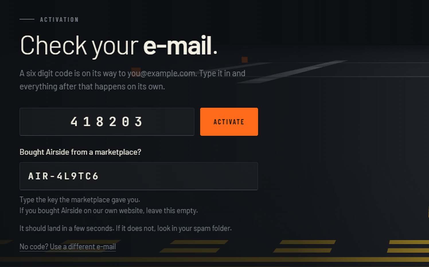 The installer's activation screen, with a six digit code and a key in the box for a marketplace purchase.