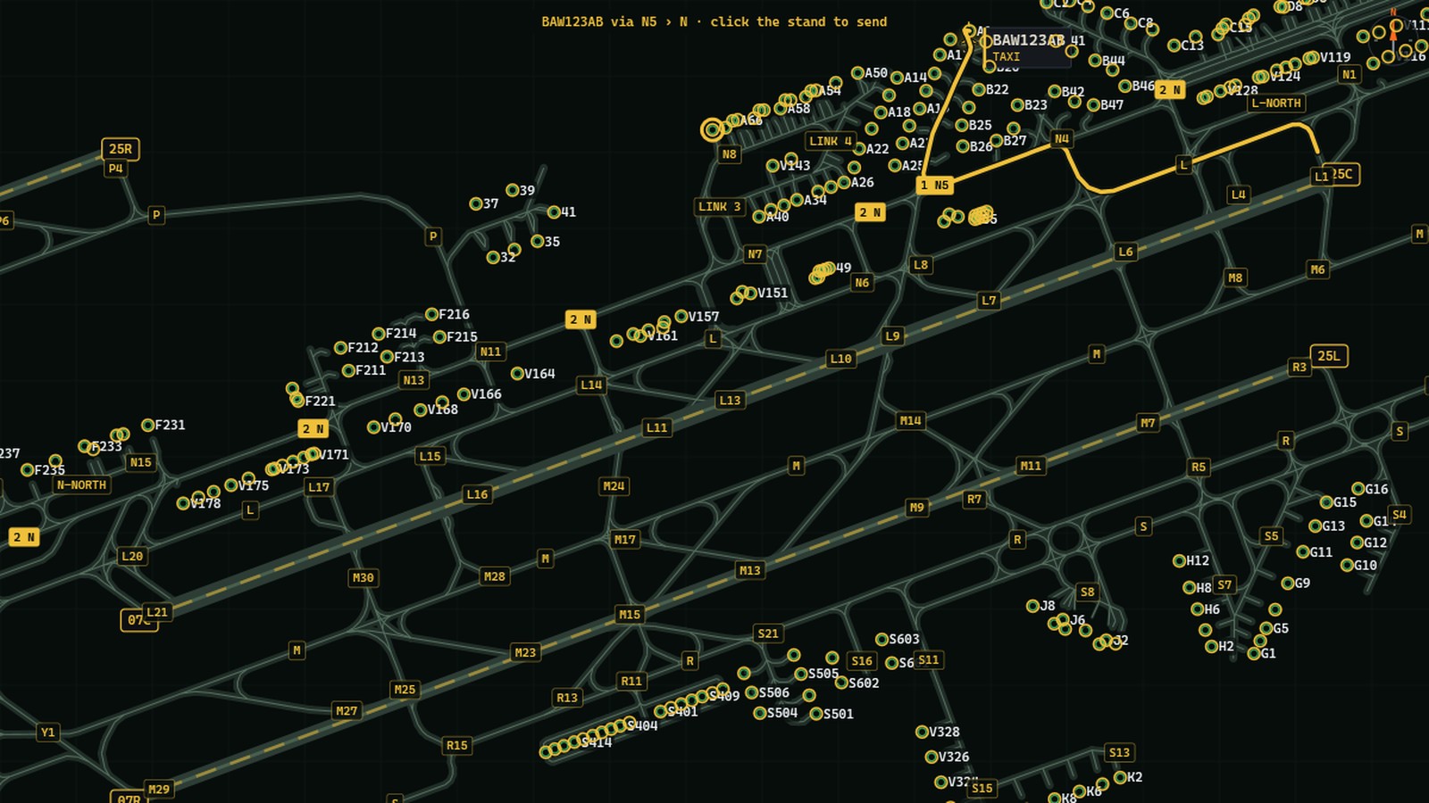 The ground radar at Frankfurt: two taxiways picked for one aircraft, the banner reading via N5 then N, click the stand to send, and the route drawn along them